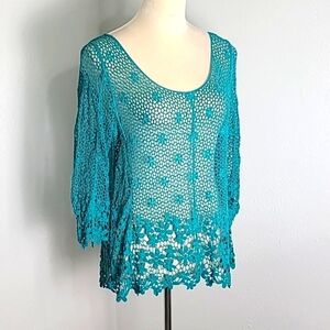 LeDor Teal Embroidered Lace Top with Flowers, Size Medium